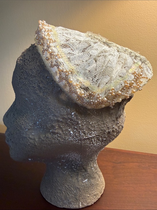Accessories - 50’s Ivory Lace Bridal Headband with Faux Pearls & Sequins